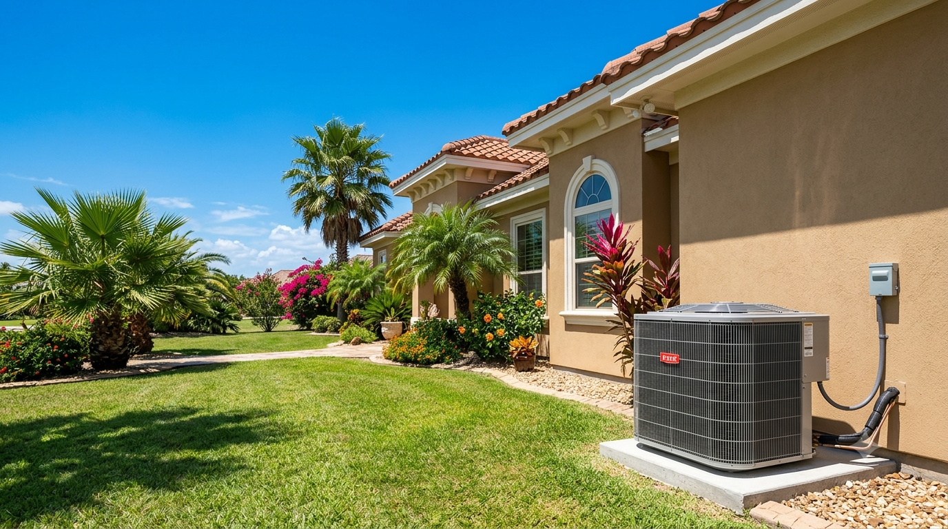 Climate Heating & Cooling technician servicing a home air conditioning system in Mission, TX
