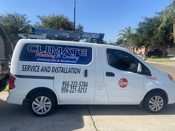Climate Heating & Cooling service van at a Mission, TX home for AC repair and installation